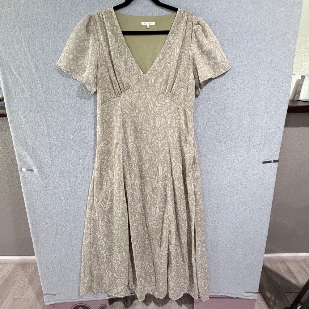 Cottagecore Sage Floral Paisley V-Neck Midi Dress Flutter Sleeve Lace Back L